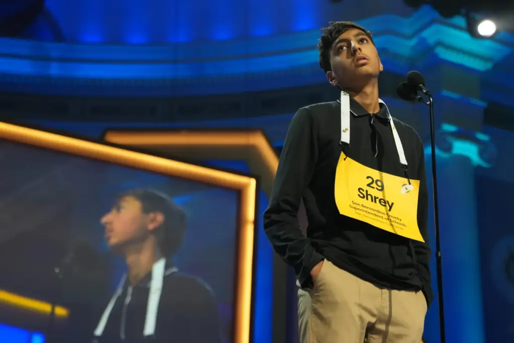 Shrey Parikh during the final round of the 2026 Scripps National Spelling Bee.