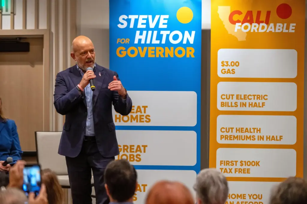 California Republican gubernatorial candidate Steve Hilton speaks during a campaign...