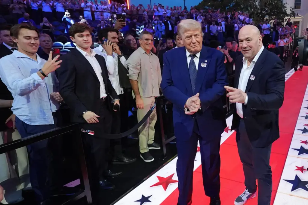 President Donald Trump and Dana White arrive for UFC Freedom 250.