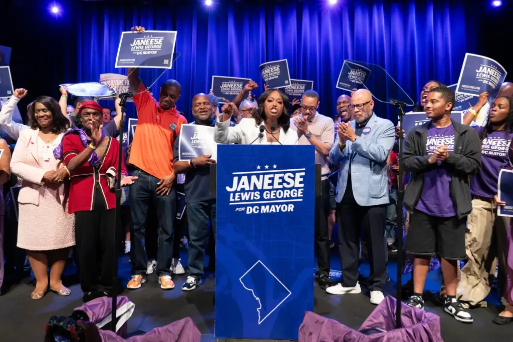 D.C. Council members Janeese Lewis George speaks to the crowd...