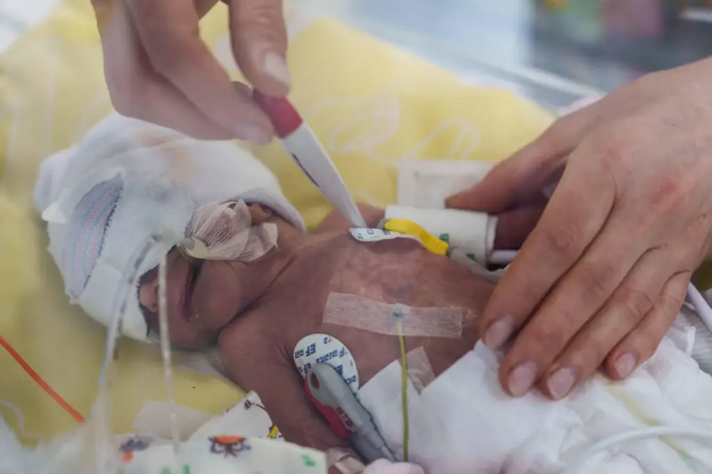 A nurse checks the temperature of a premature baby inside...