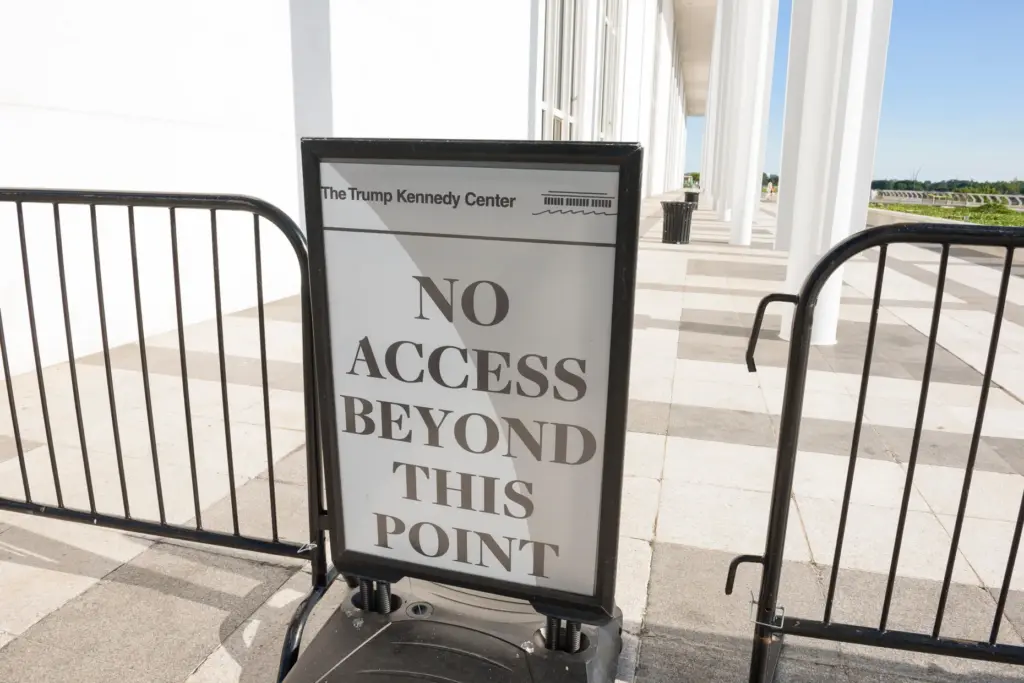 A sign on the patio at The John F. Kennedy Center for Performing Arts