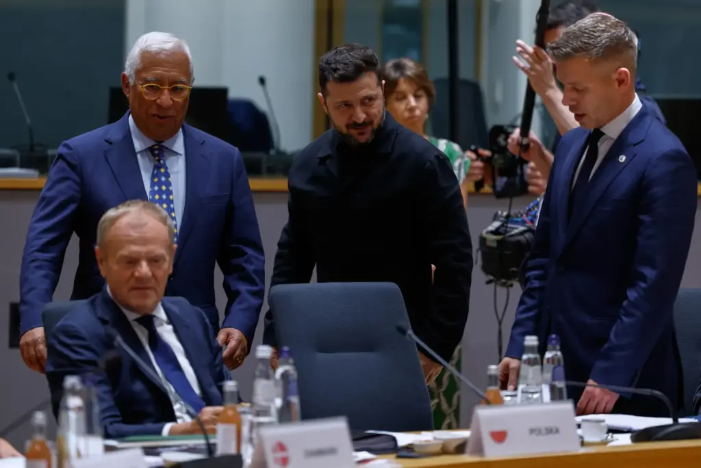 Ukraine’s President Volodymyr Zelenskyy, second right, greets Hungary’s Prime Minister...