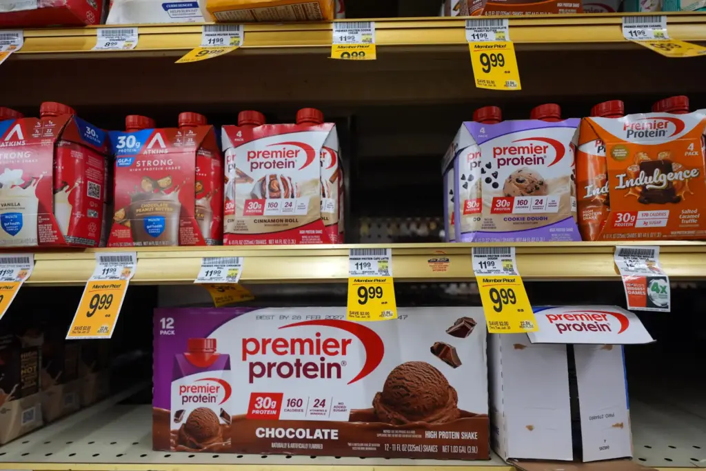 Protein products sit for sale at a grocery store, Wednesday,...