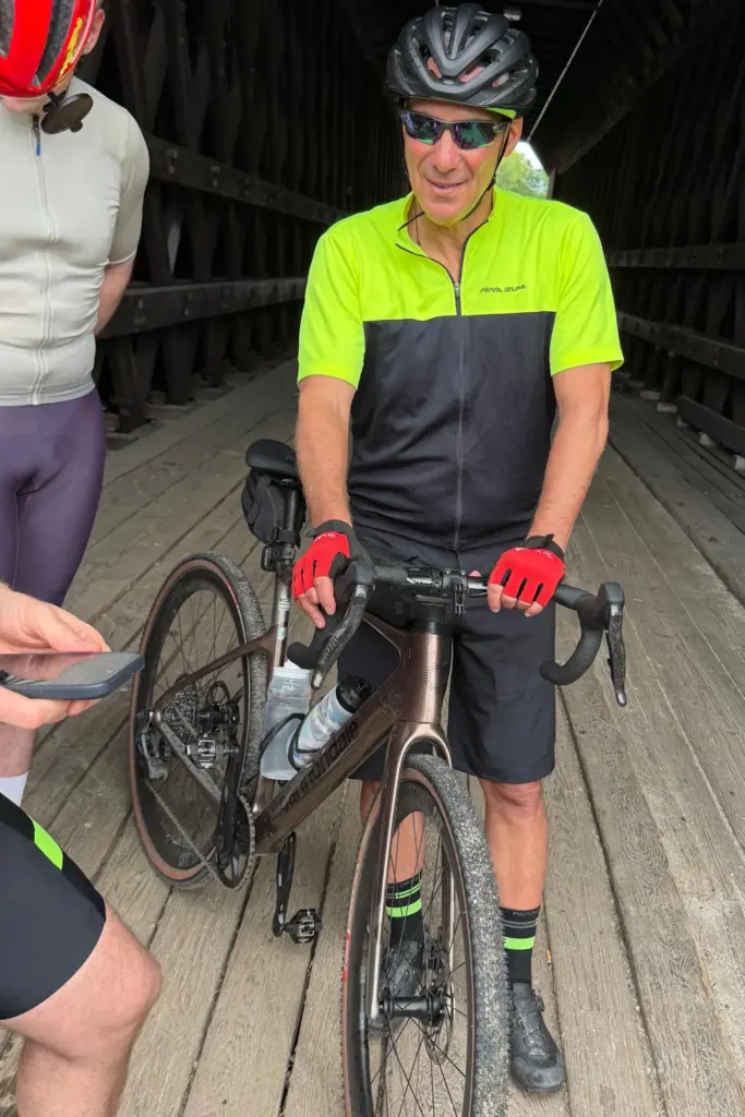 Rahm Emanuel takes a break from a bike ride through New Hampshire.