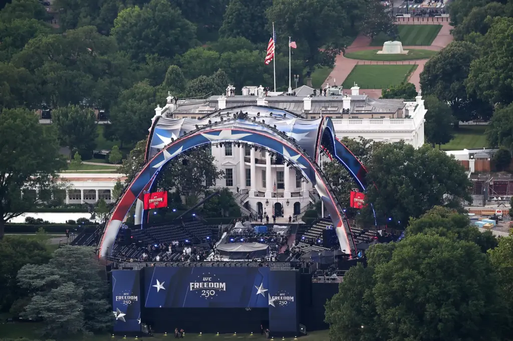 The arena is seen on the South Lawn of the White House from the Washington Monument.