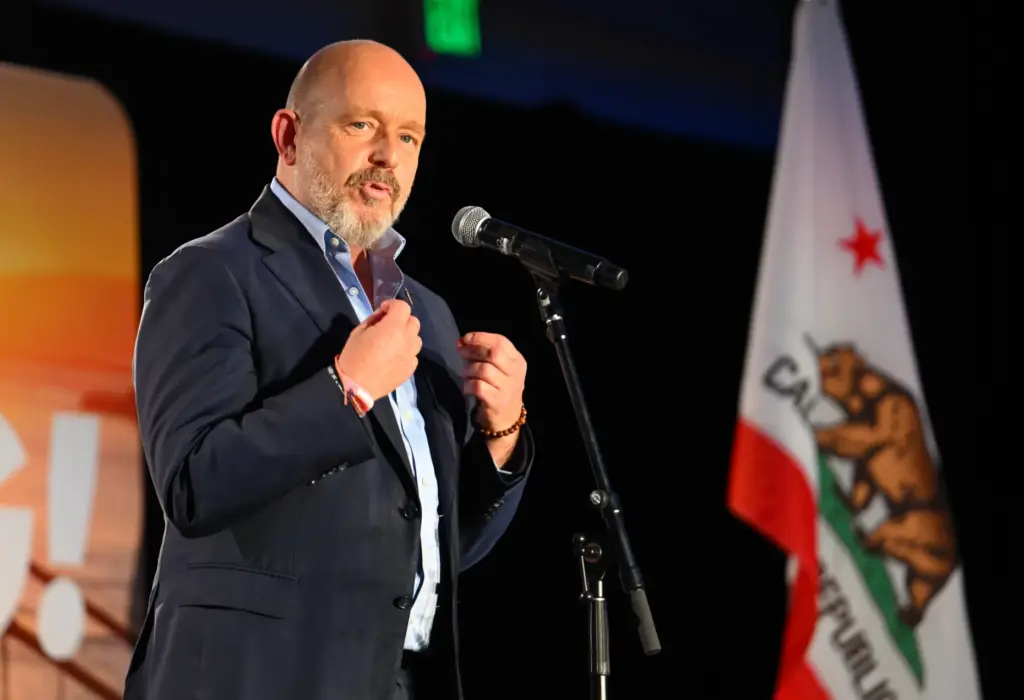 California gubernatorial candidtate Steve Hilton speaks to the media before...