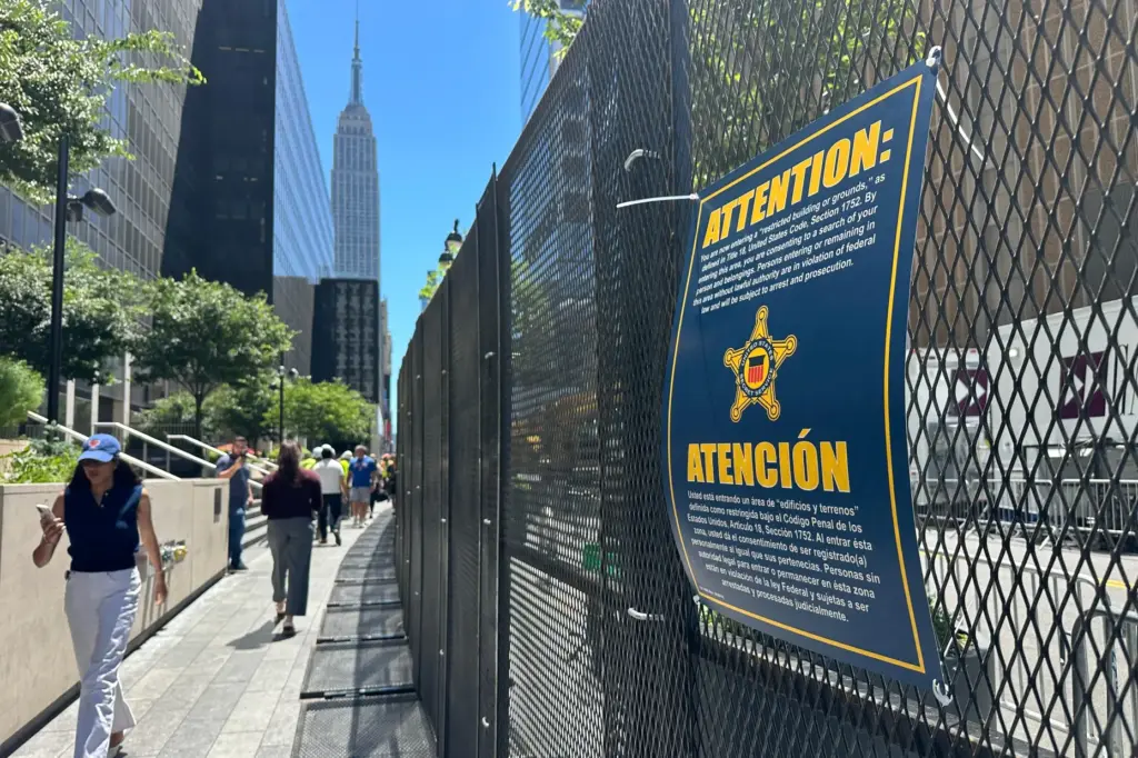 Security fencing is set up outside of Madison Square Garden...