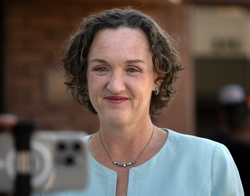 Katie Porter, Democratic candidate for governor, speaks to the media...