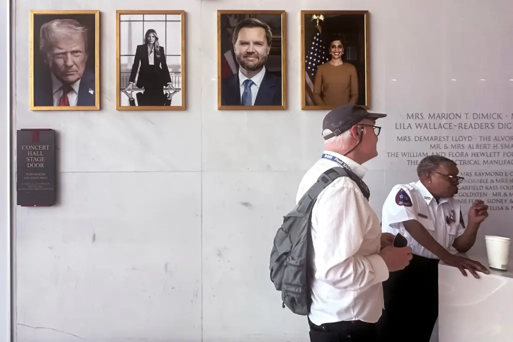 Portraits of President Donald Trump, Melania Trump, JD Vance and Usha Vance.