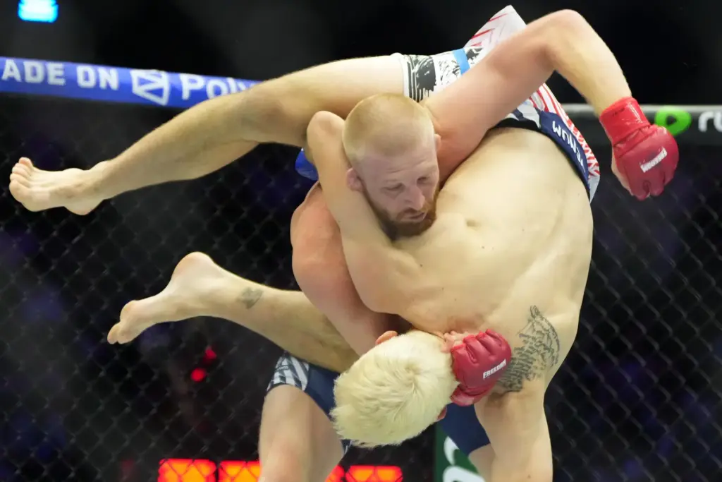Bo Nickal fights against Kyle Daukaus during their middleweight bout at UFC Freedom 250.