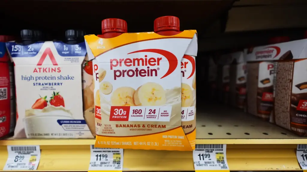 Protein products sit for sale at a grocery store, Wednesday,...