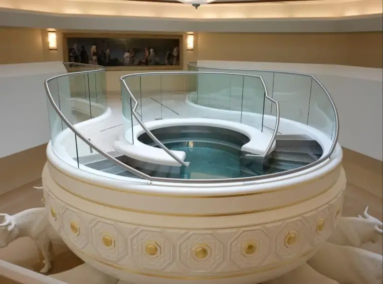 The basin located in the temple’s Baptistry sits on the...