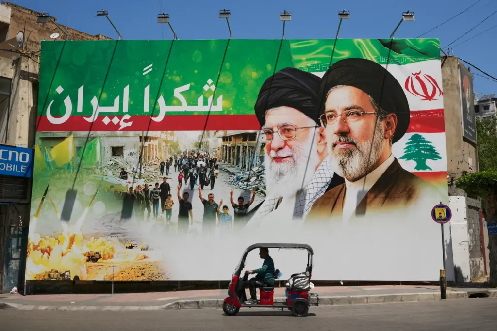 A billboard of Ayatollah Ali Khamenei and Supreme Leader Ayatollah Mojtaba Khamenei.