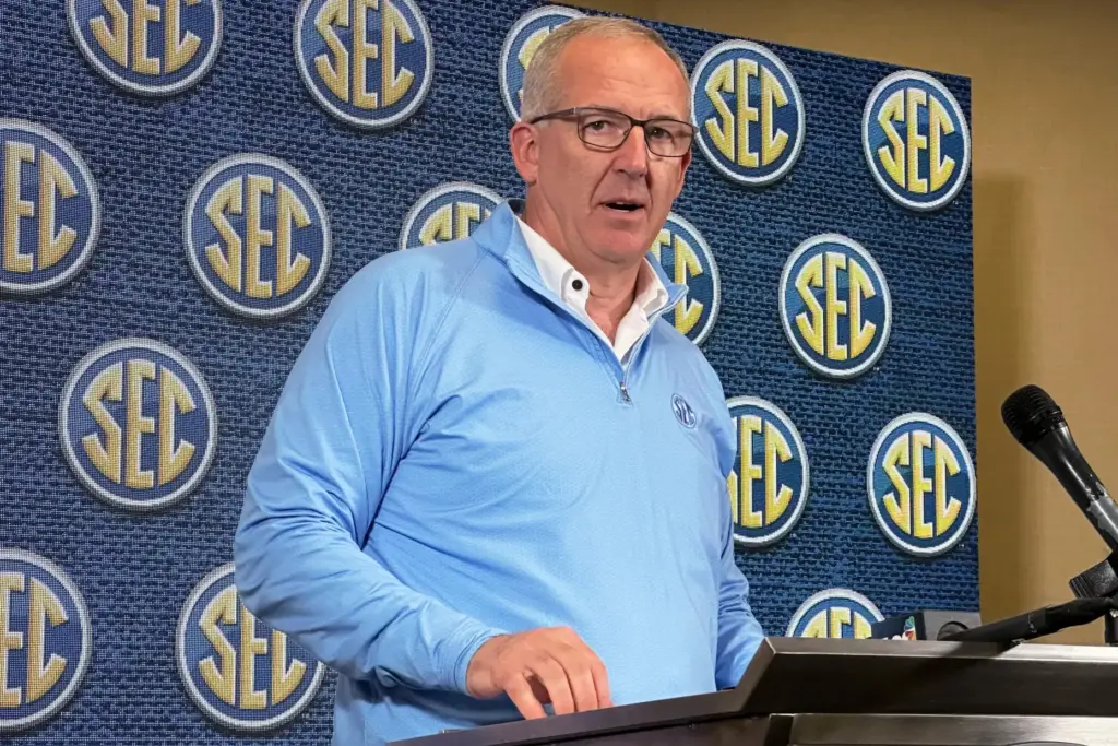 Southeastern Conference Commissioner Greg Sankey speaks to reporters.