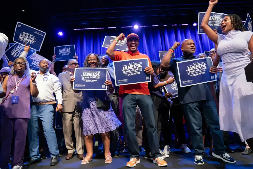 Supporters celebrate after D.C. Council member Janeese Lewis George won...