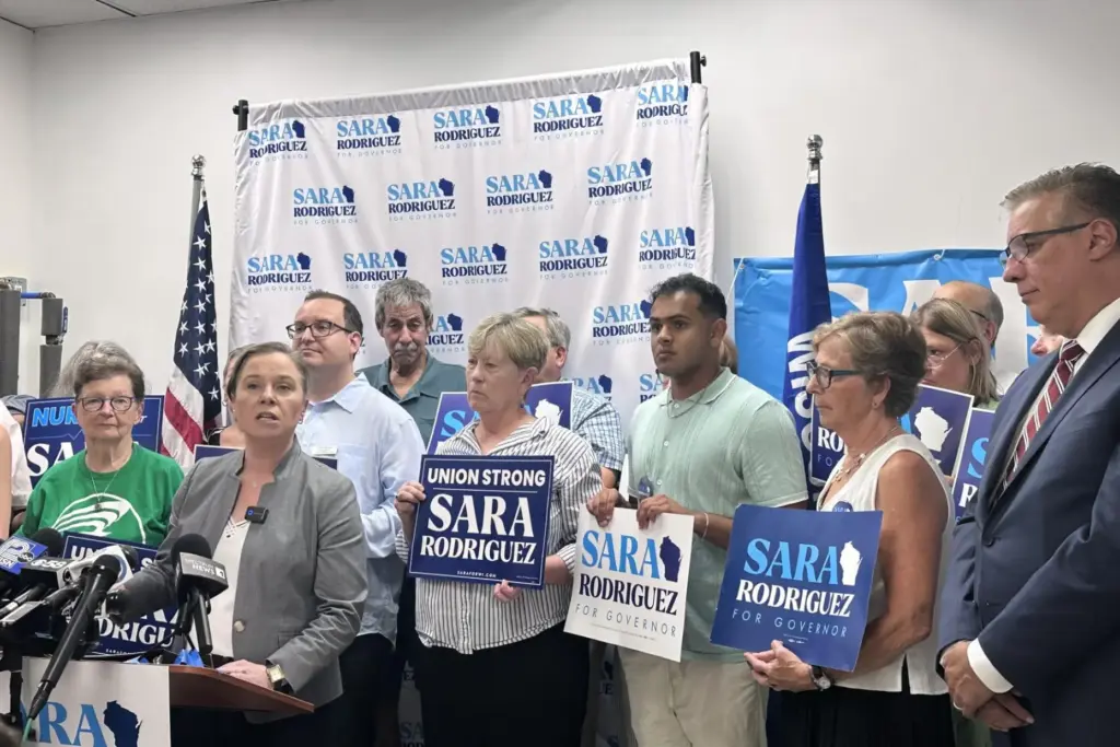 Democratic candidate for Wisconsin governor Sara Rodriguez speaks to supporters,...