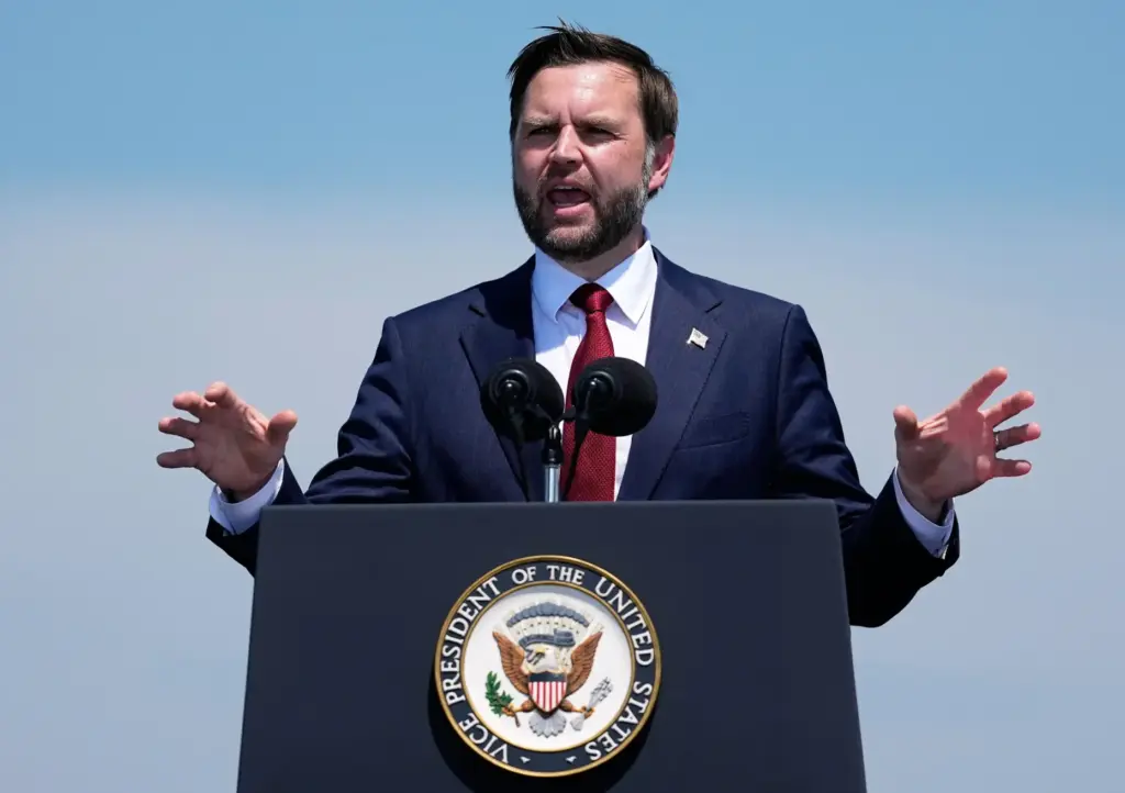 Vice President JD Vance speaks on the flight deck of the USS Kearsarge.