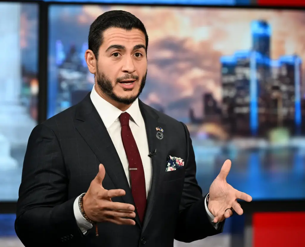 Abdul El-Sayed speaks during a U.S. Senate debate with U.S. Rep. Haley Stevens.