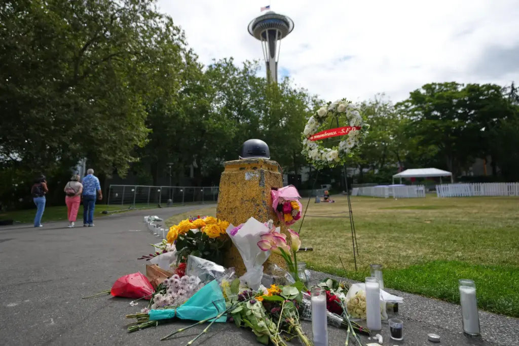 A memorial for victims of a July 26 shooting is seen at Seattle Center.