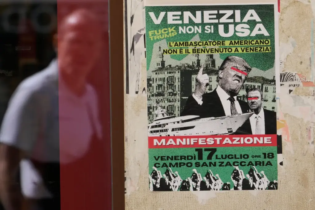 A poster of the protest against U.S. Ambassador Tilman Fertitta’s...