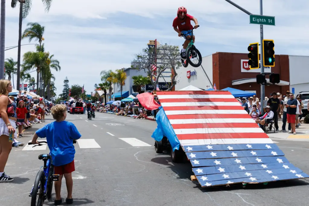 Riley Schmidt, 12, gets some air from an American-themed ramp...