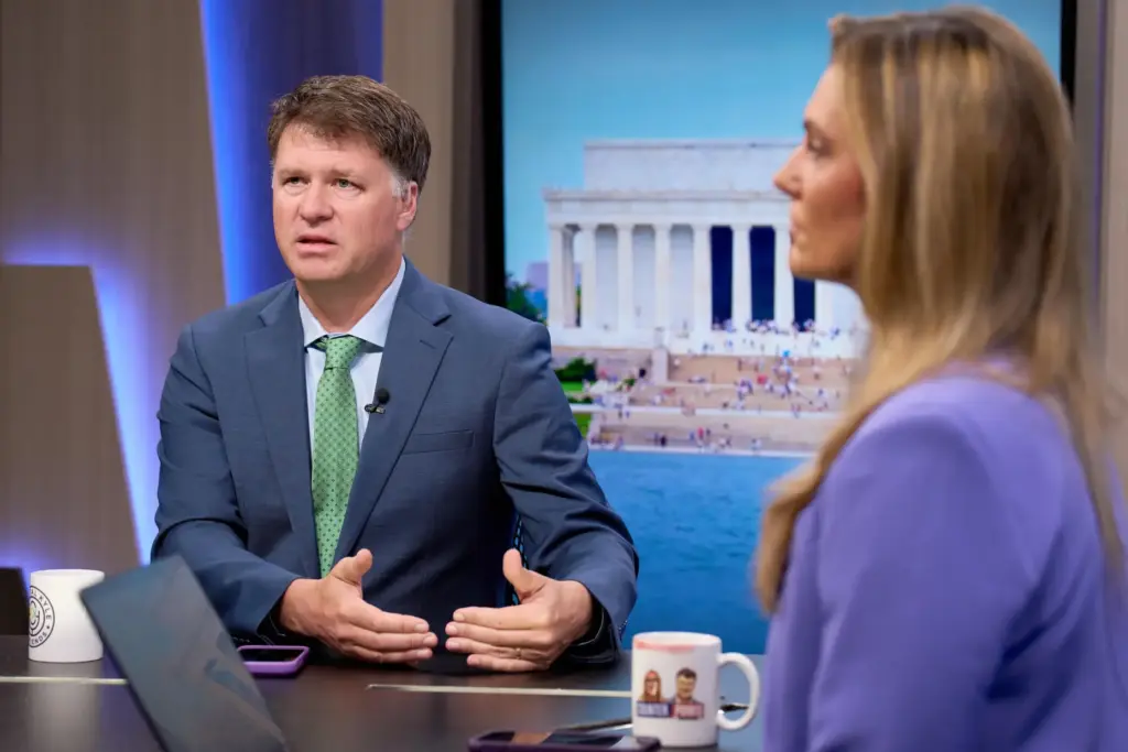 Ryan Grim and Krystal Ball record a segment for the YouTube daily news show, Breaking Points.