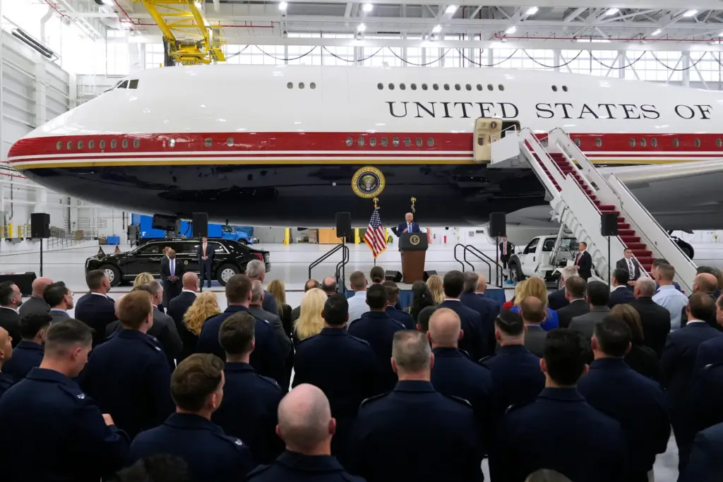President Donald Trump speaks after touring the newly designated Air Force One.