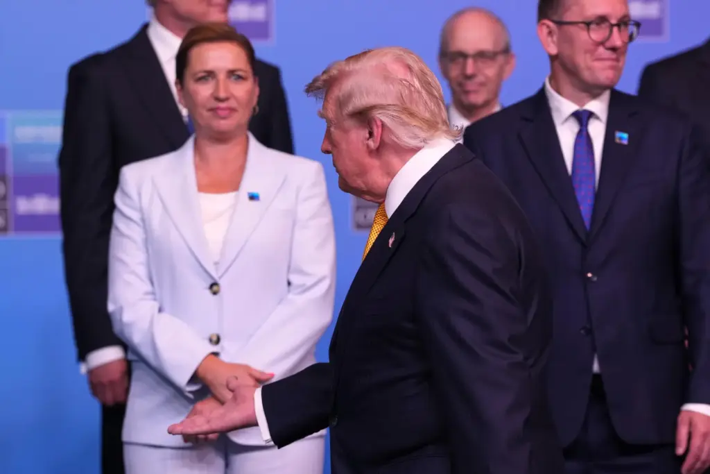 From left, Denmark’s Prime Minister Mette Frederiksen, President Donald Trump...