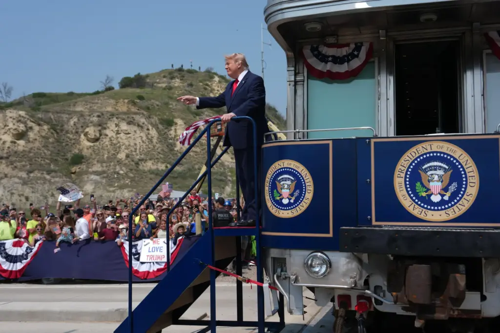 President Donald Trump arrives on the Freedom 250 train, Wednesday,...