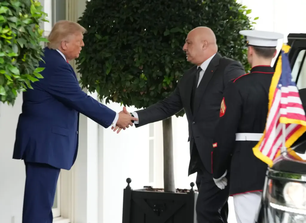 President Donald Trump greets Lebanese President Joseph Aoun on his...