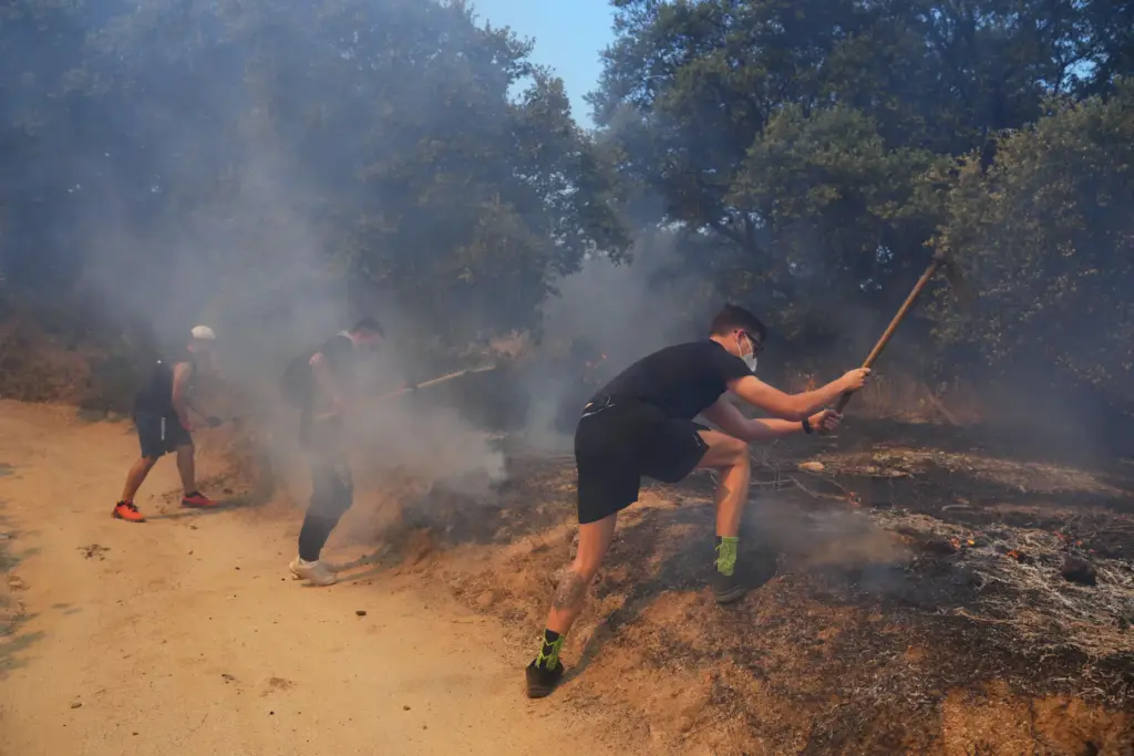 FILE – Volunteers try to help stop a wildfire from...
