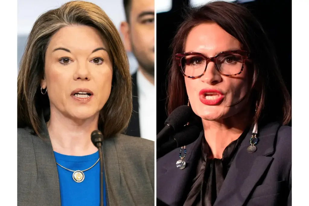 FILE – This photo combination shows Rep. Angie Craig, D-Minn.,...