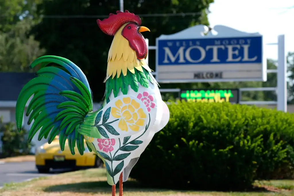 A tin rooster stands outside the Wells Moody Motel in...