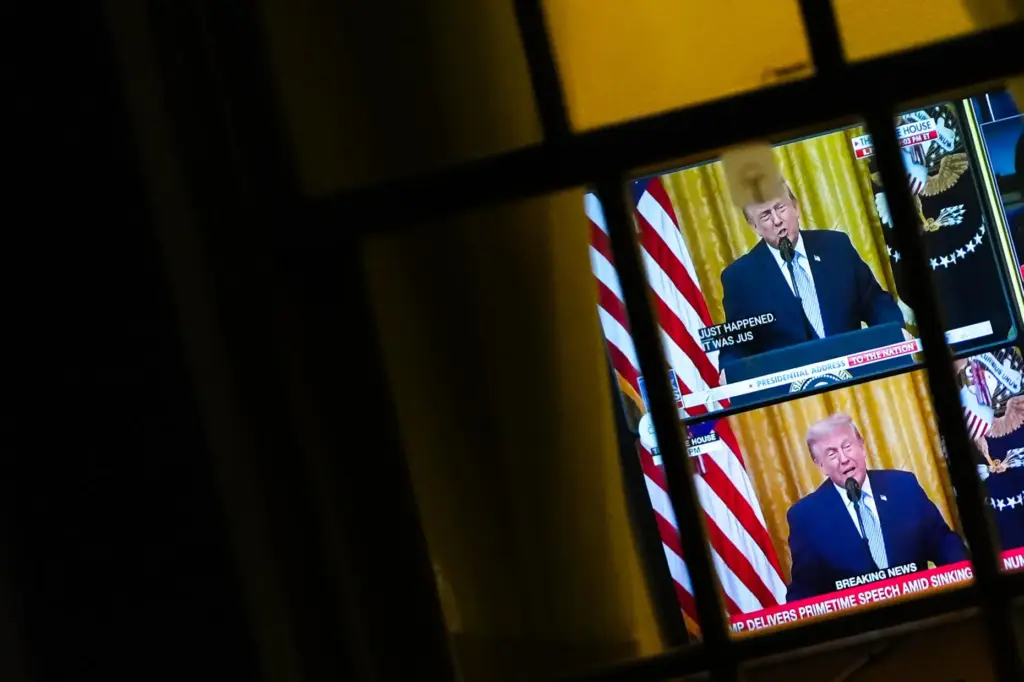 President Donald Trump is seen speaking from the East Room on a television.