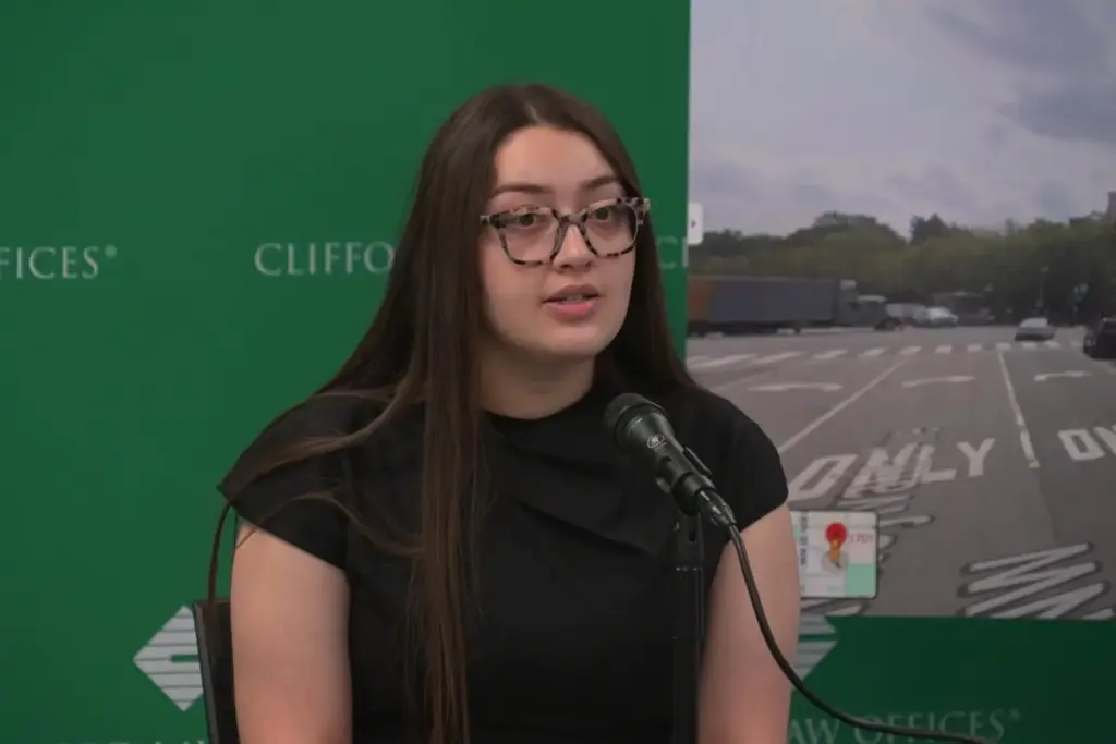 This image taken from video shows Sara Del Real speaking...