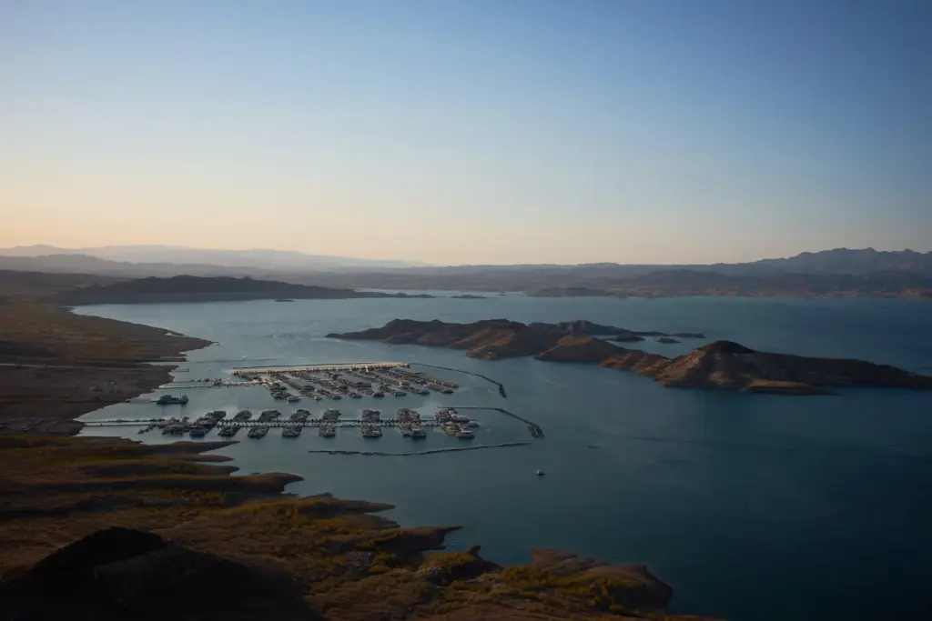 Boats are moored at a marina on Lake Mead.