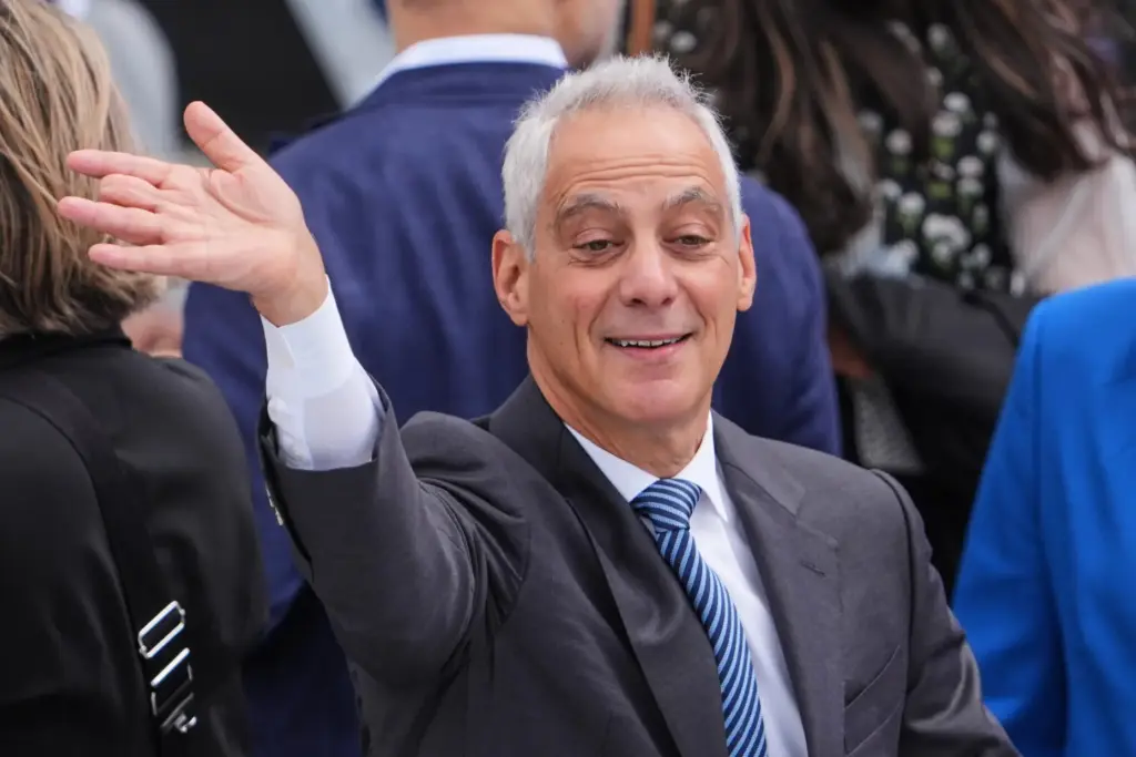 Former White House Chief of Staff Rahm Emanuel mingles ahead of the Obama Presidential Center dedication.