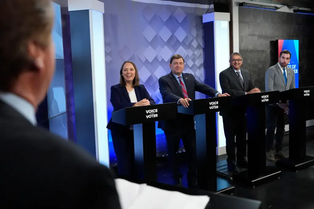 Shenna Bellows, Troy Jackson, Dr. Nirav Shah and Jordan Wood talk with moderator Phil Hirschkorn.