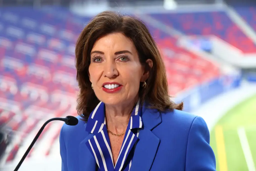 New York Gov. Kathy Hochul speaks following a ribbon-cutting ceremony.