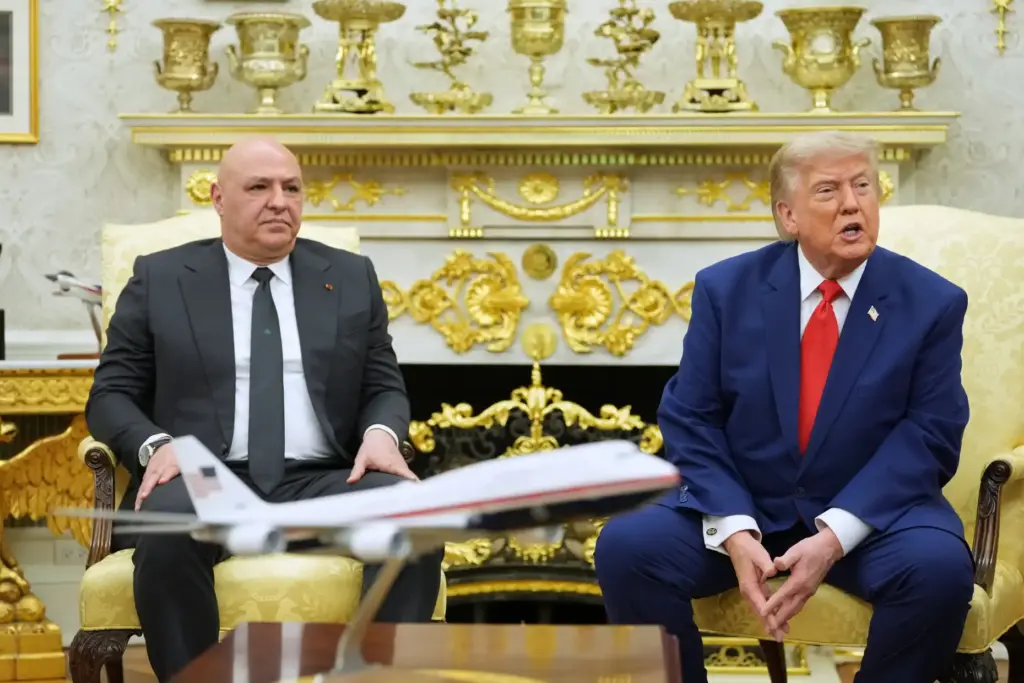 President Donald Trump speaks during a meeting with Lebanese President...