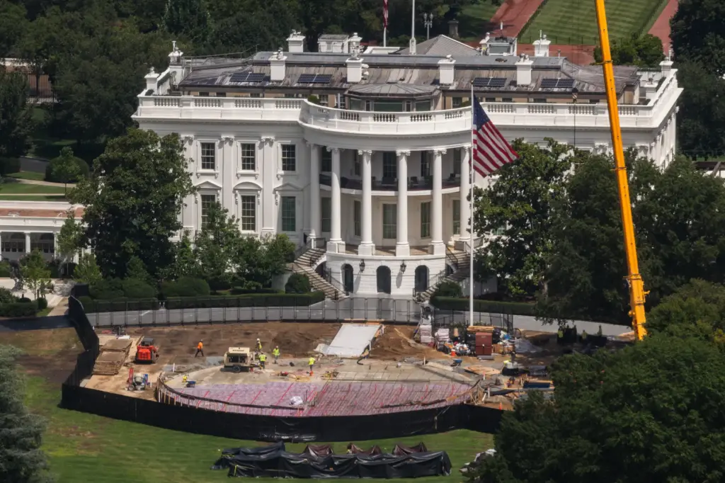 Construction continues on a helipad on the South Lawn of...