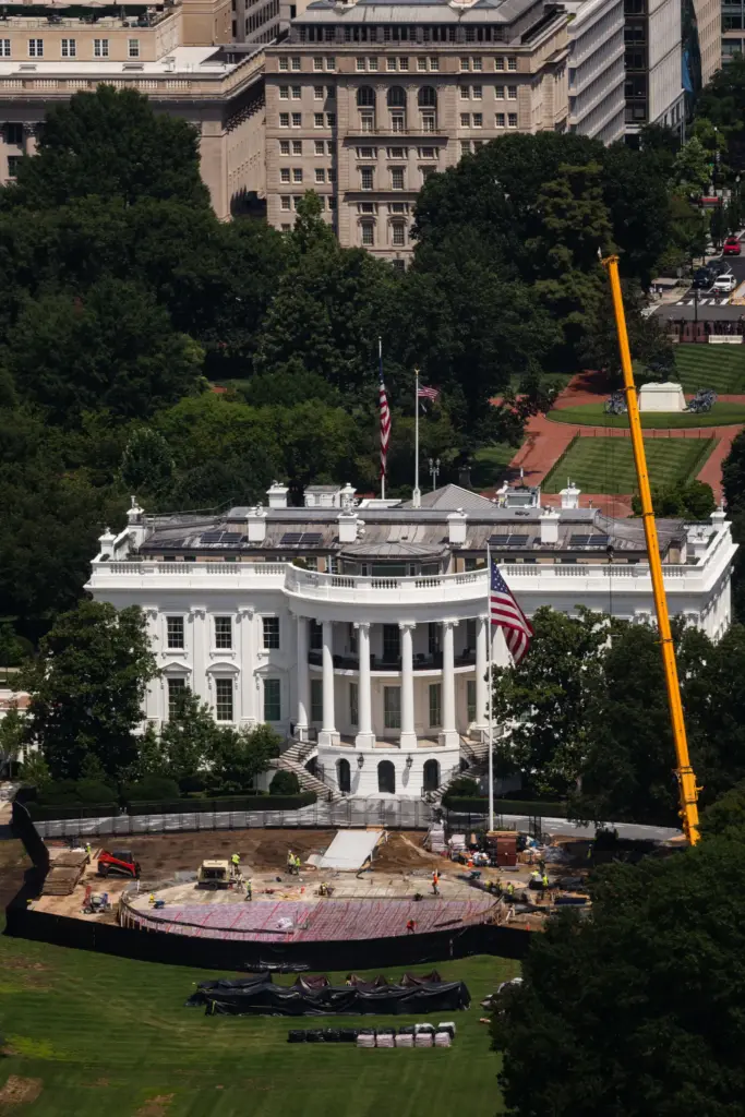 Construction continues on a helipad on the South Lawn of...