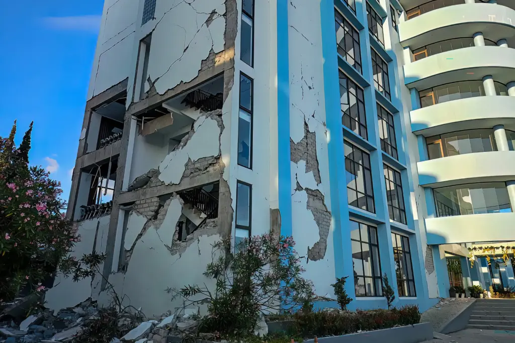 A damaged building is seen following a 7.0-magnitude earthquake in...
