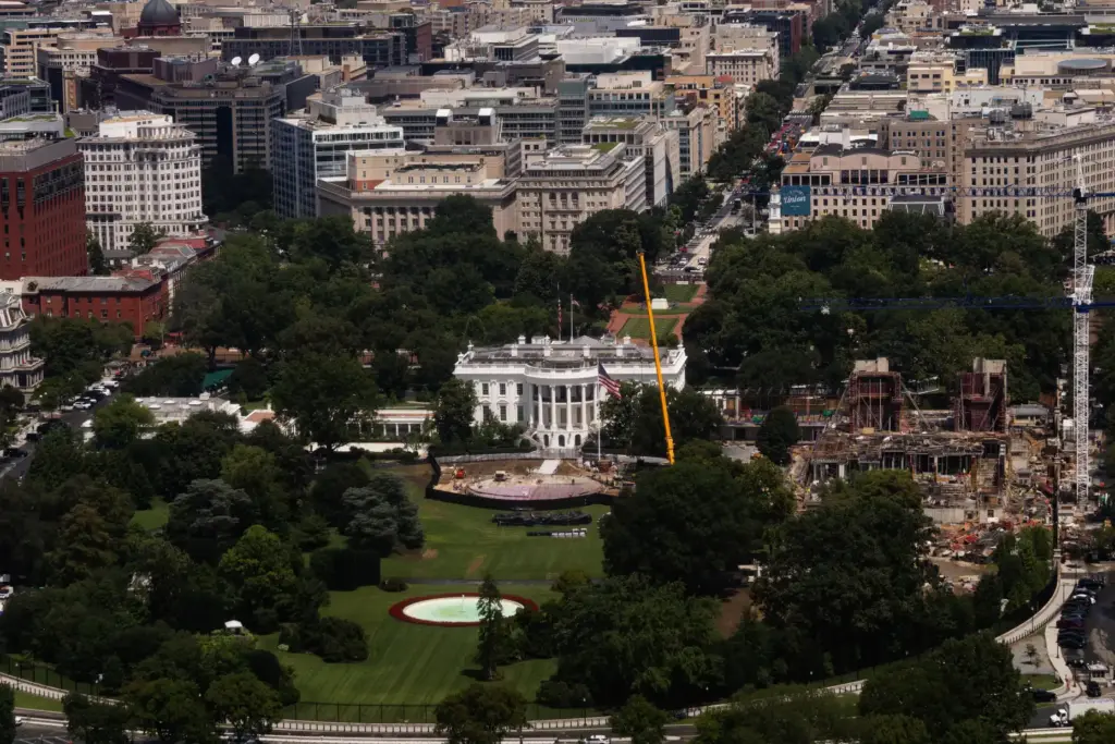 Construction continues on a helipad and the White House Ballroom...