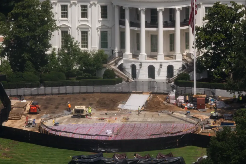 Construction continues on a helipad on the South Lawn of...
