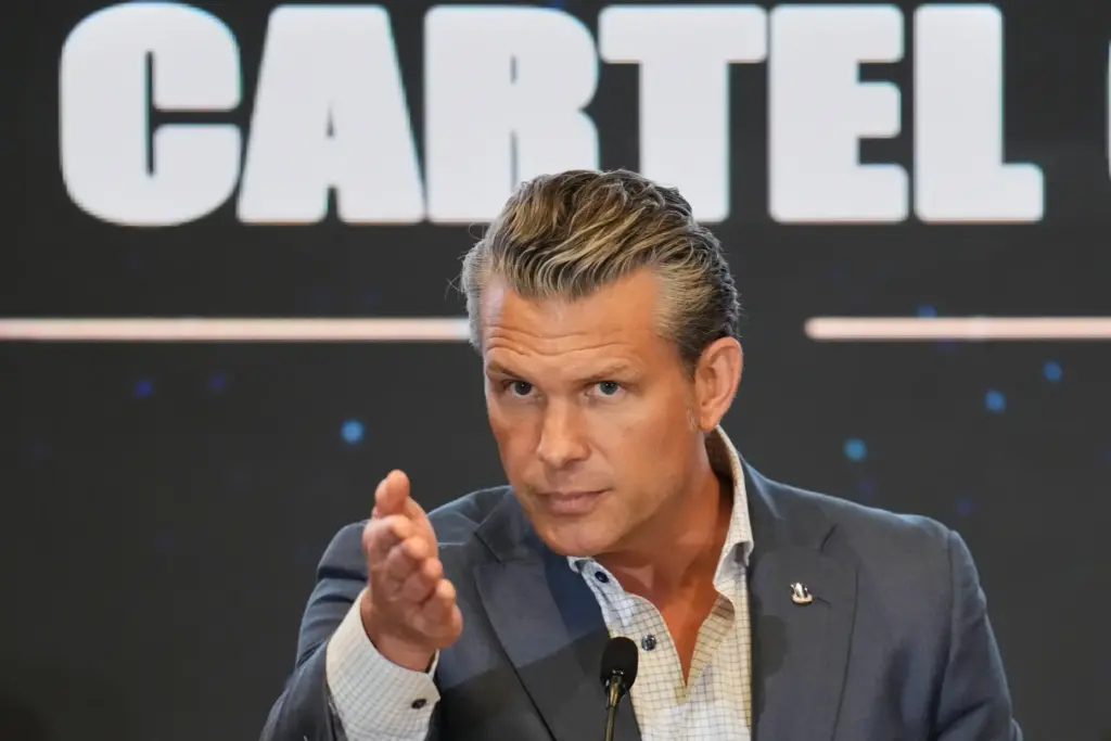 Defense Secretary Pete Hegseth speaks at a forum of The Americas Counter Cartel Coalition.