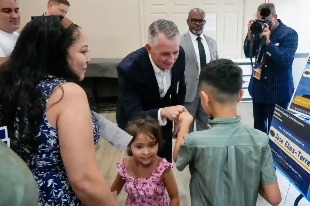 Florida Democratic gubernatorial candidate David Jolly, center, greets supporters after...