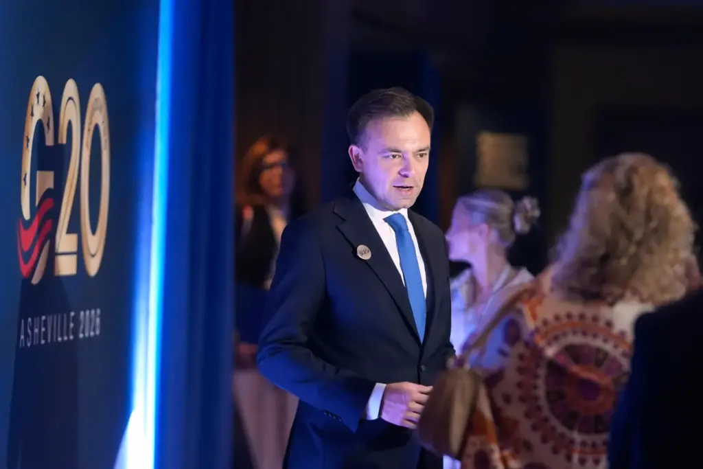 Poland's Finance Minister Andrzej Domanski arrives for the G20 Finance Ministerial.