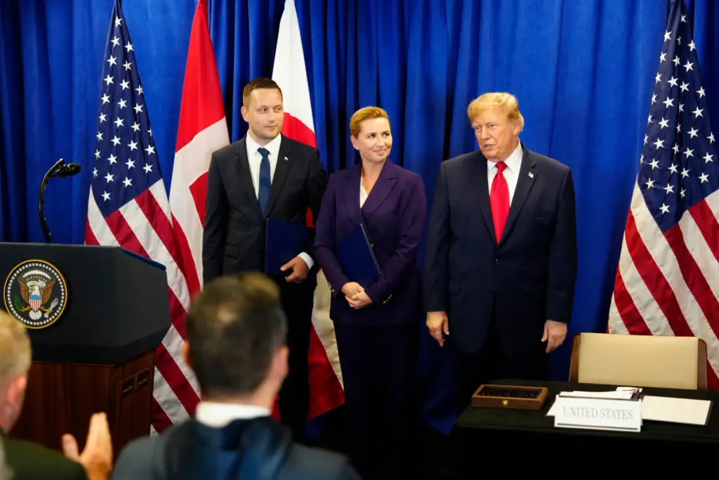 Denmark’s Prime Minister Mette Frederiksen, Greenland’s Prime Minister Jens-Frederik Nielsen,...